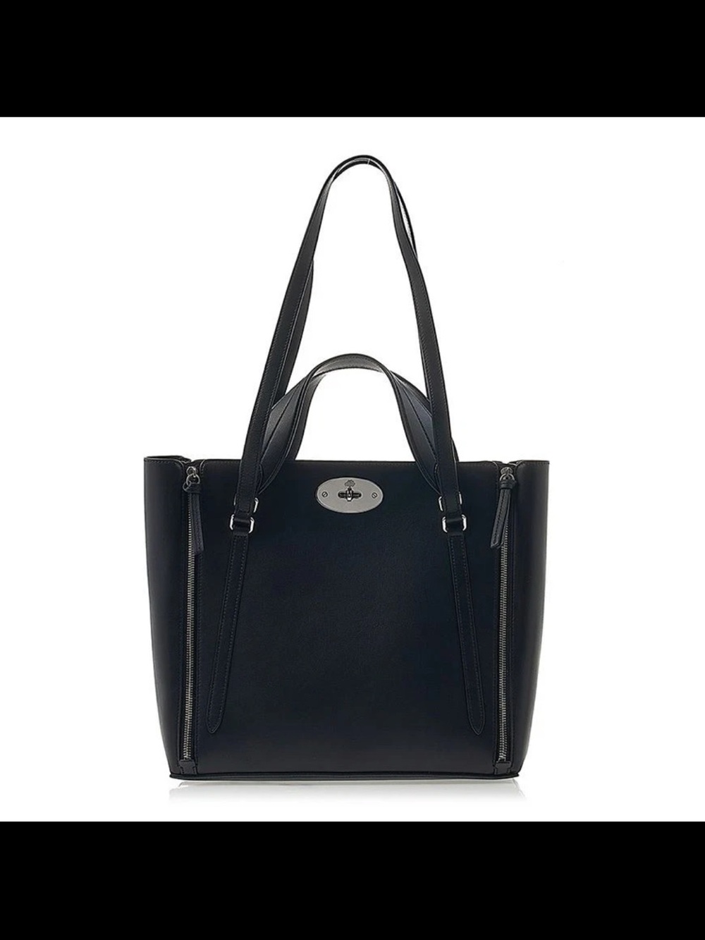 Mulberry Black Leather Double-Handle Tote with Zip Accents